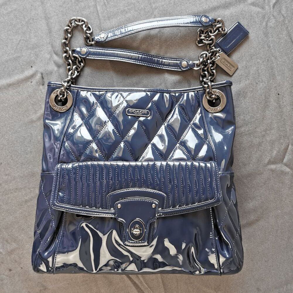 COACH POPPY LIQUID GLASS PURSE 18673 NAVY BLUE CHAIN SHOULDER